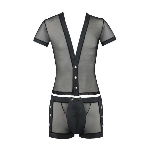 Комплект сетчатого мужского белья Passion 052 SET MICHAEL S/M black, рубашка, боксеры, заклепки SO7625 фото