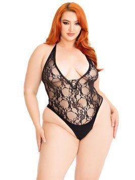 Боди Leg Avenue Floral lace deep-V teddy Black 1X/2X SX1084 фото