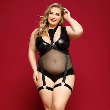 Елегантне боді з екошкіри JSY &laquo;Спокуслива Морган&raquo; Plus Size, Black, сітка, портупея з гартерами SO8379 фото