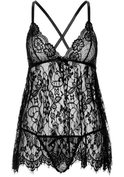 Сорочка бебі-дол Leg Avenue Floral lace babydoll & string Black S, стрінги SO9169 фото