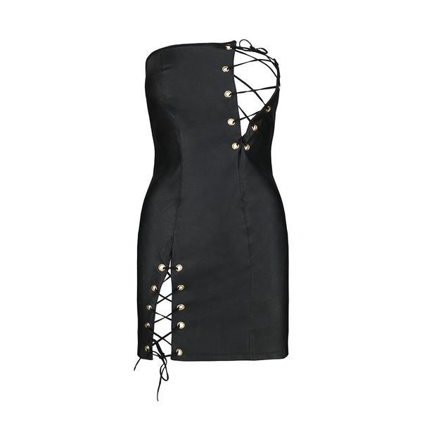 Мини-платье из экокожи Passion CELINE CHEMISE black L/XL, шнуровка, трусики в комплекте SO6406 фото